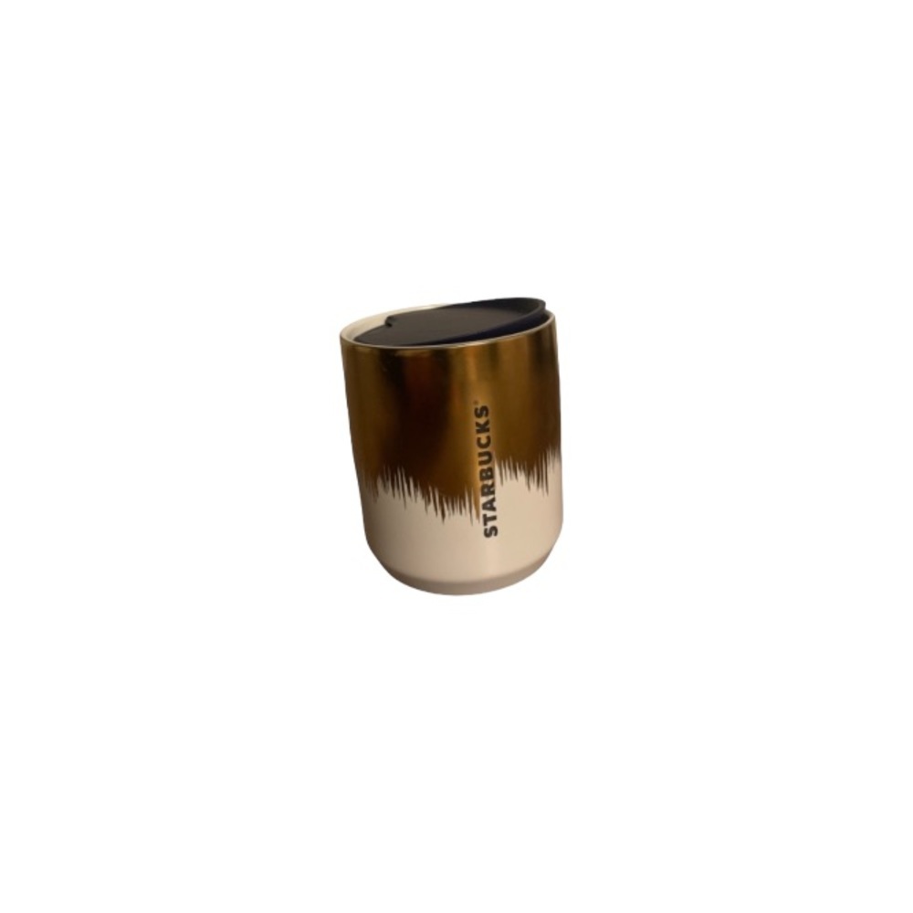 Starbucks Cream and Gold Ceramic To Go Mug with Plastic Lid
